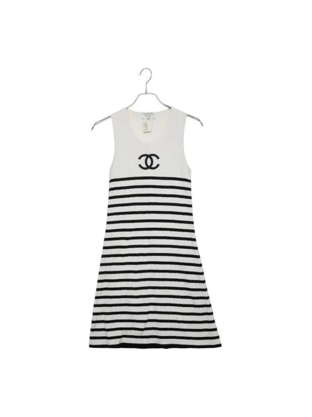 Chanel CC Logo Sleeveless Border Knit Dress 36 White Black Cotton